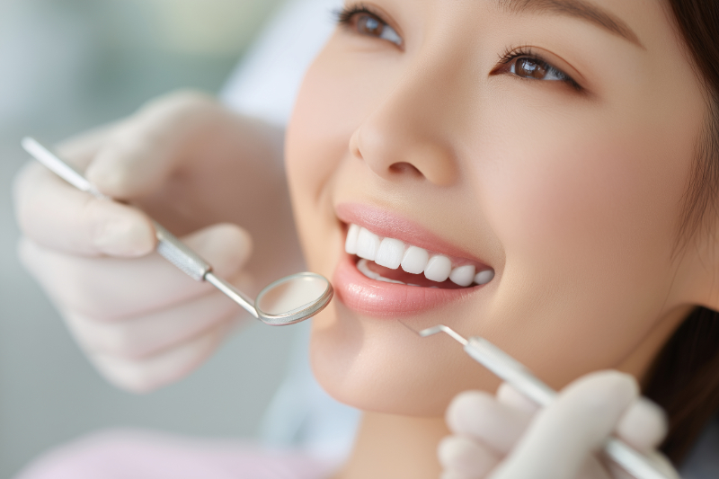 初期虫歯の治療として歯科医師に歯のクリーニングをしてもらっている女性
