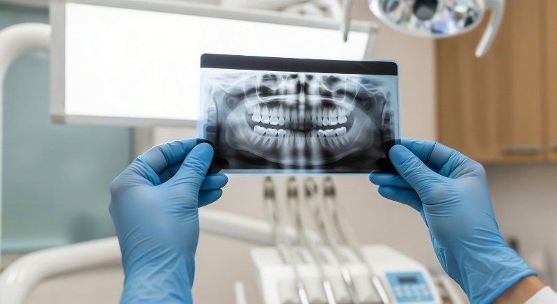 レントゲンで画像診断を行う歯科医師の手元