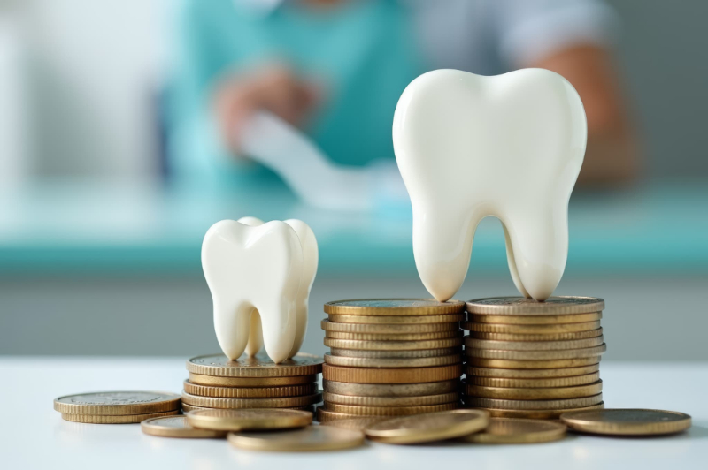 オフィスホワイトニングにかかる費用を示す歯の模型とコイン