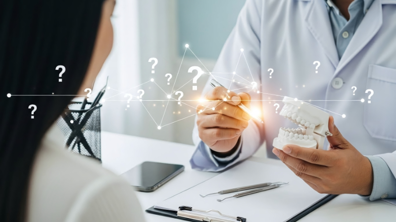 噛み合わせが悪いとはどのような状態か説明を受ける様子