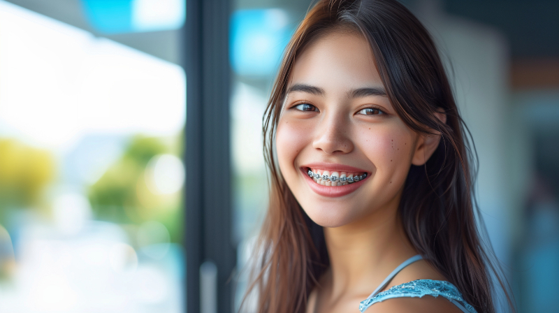 ワイヤー矯正で嚙み合わせの治療をしている女性