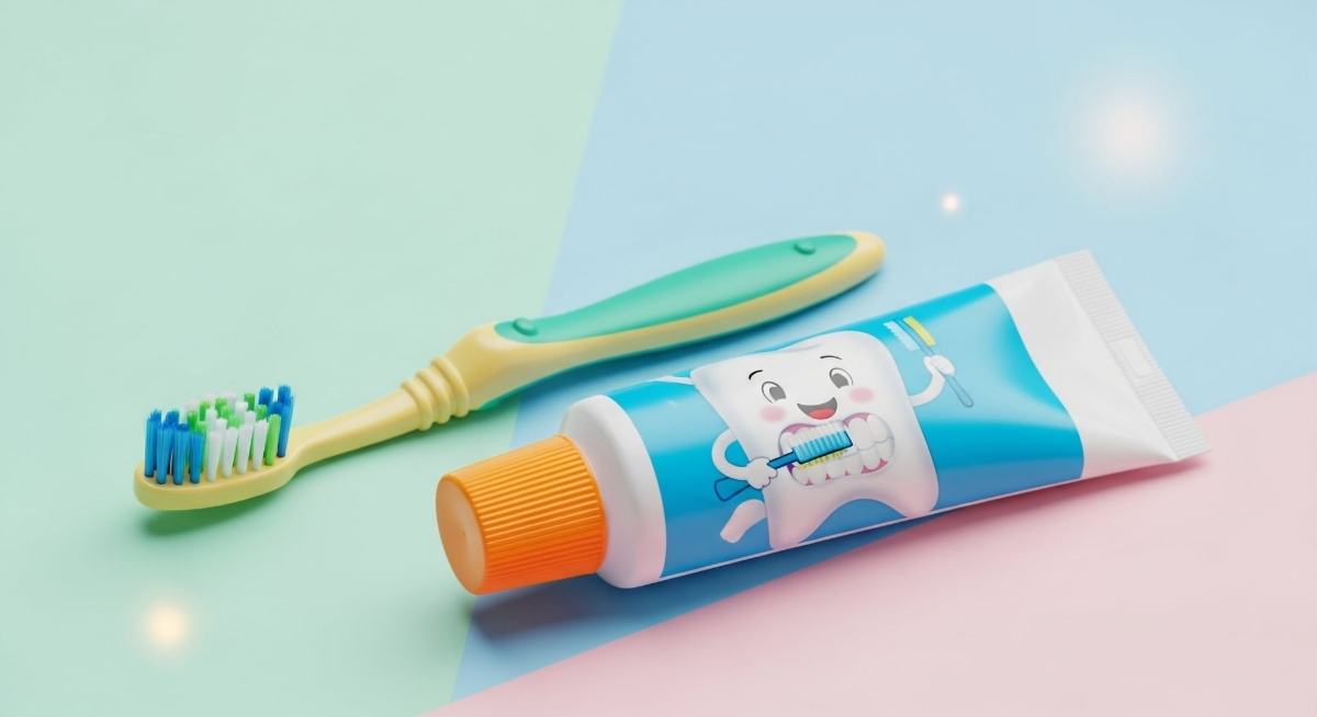 子ども用の歯ブラシとフッ素入り歯みがき粉