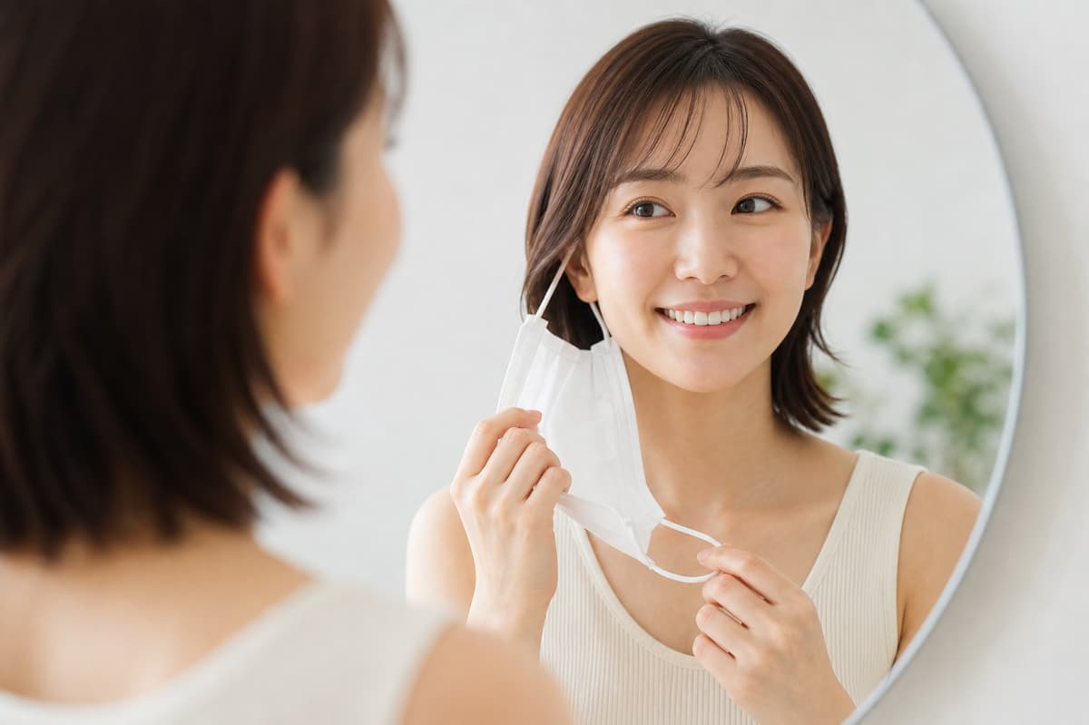 鏡でホワイトニングの効果を実感する女性